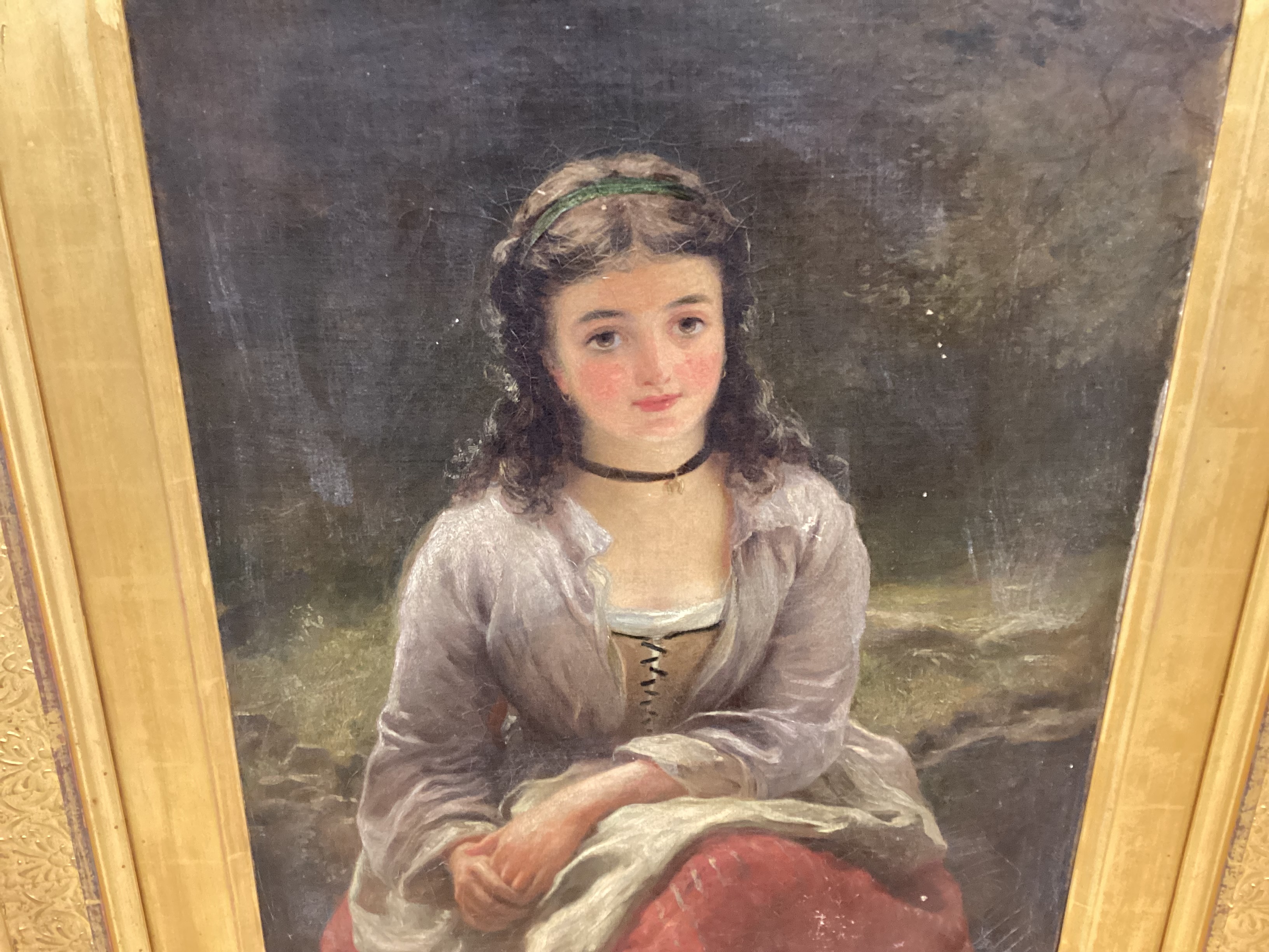 19th century School, oil on canvas, Three quarter length portrait of a seated lady, 42 x 32cm in ornate gilt frame